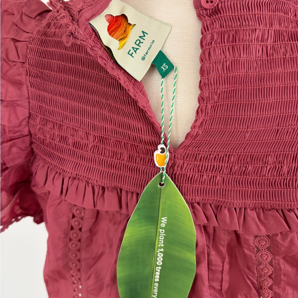 FARM Rio Ruffles Embroidered Details Blouse in Raspberry Red/Pink XS NWT - Picture 3 of 4